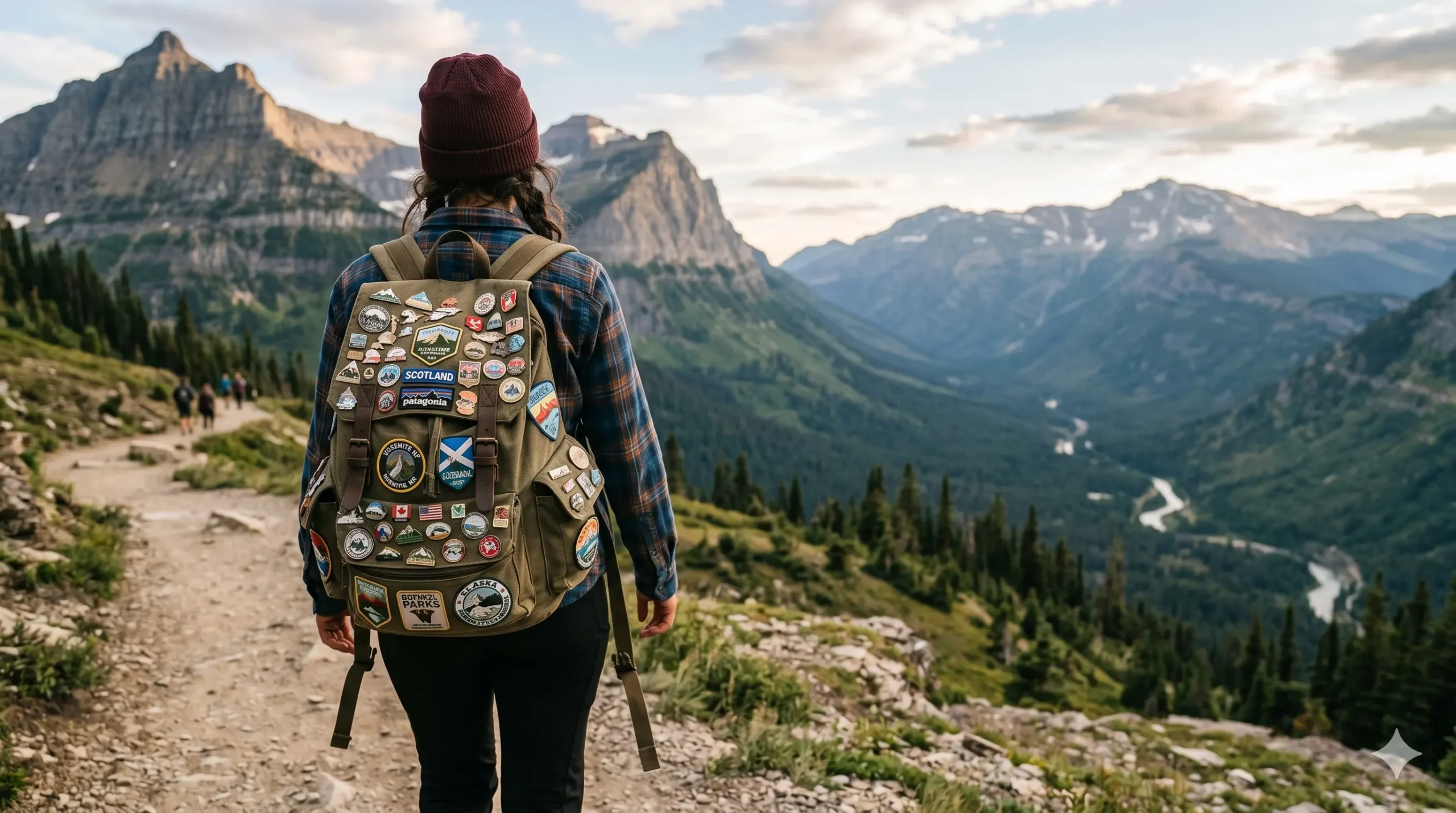 Traveler wearing a backpack with branded patches representing experiential branded merchandise trends